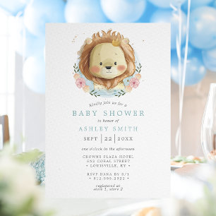 Lion Blue Floral Baby Shower  Invitation