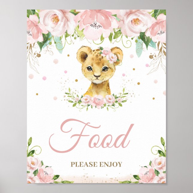 Lion Blush Pink Floral Baby Shower Food Tabletop  Poster (Front)