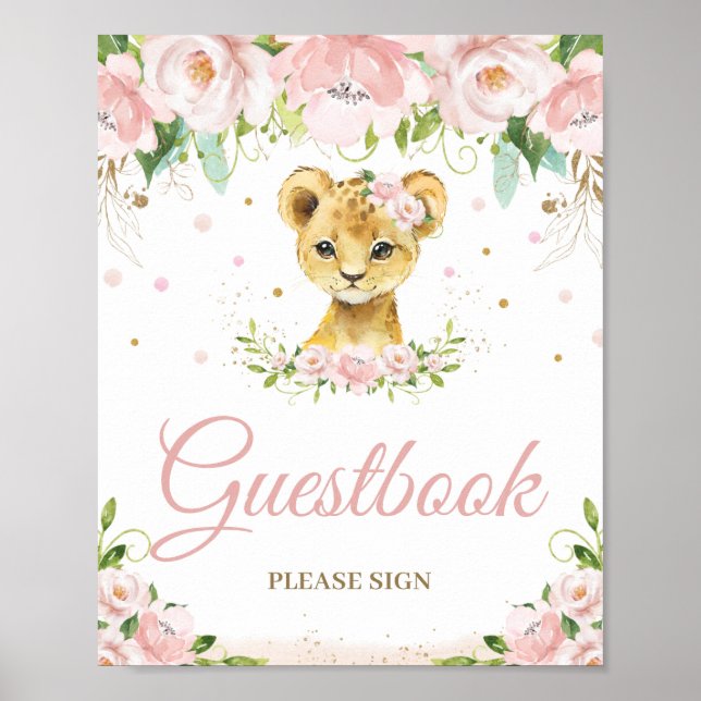 Lion Blush Pink Floral Baby Shower Guestbook Sign  (Front)