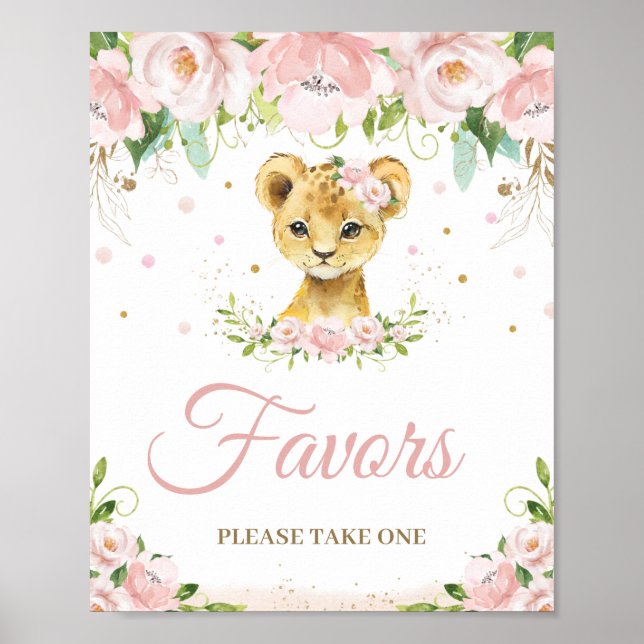 Lion Blush Pink Floral Baby Shower Party Favours  Poster (Front)