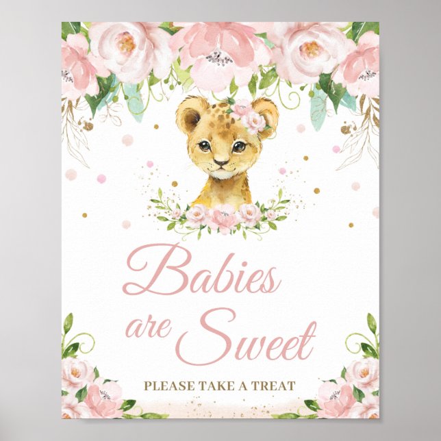 Lion Blush Pink Floral Baby Shower Sweet Treat  Poster (Front)