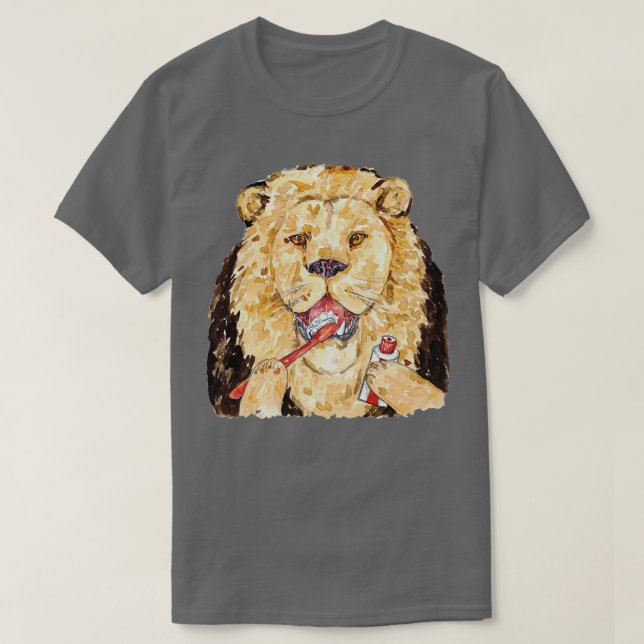 Lion brushing teeth bath watercolor painting T-Shirt (Design Front)