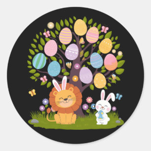 Lion Bunny Easter Cute Tree Hunting Eggs Classic Round Sticker