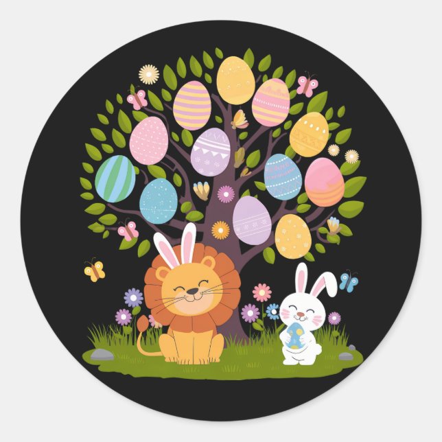 Lion Bunny Easter Cute Tree Hunting Eggs Classic Round Sticker (Front)
