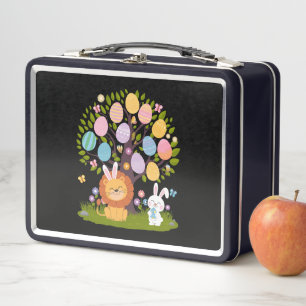 Lion Bunny Easter Cute Tree Hunting Eggs Metal Lunch Box