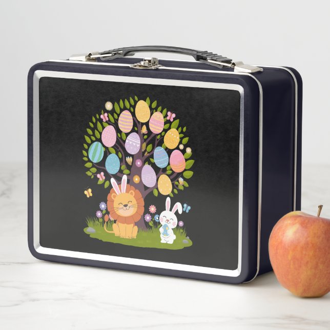 Lion Bunny Easter Cute Tree Hunting Eggs Metal Lunch Box (In Situ)