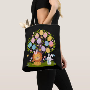 Lion Bunny Easter Cute Tree Hunting Eggs Tote Bag