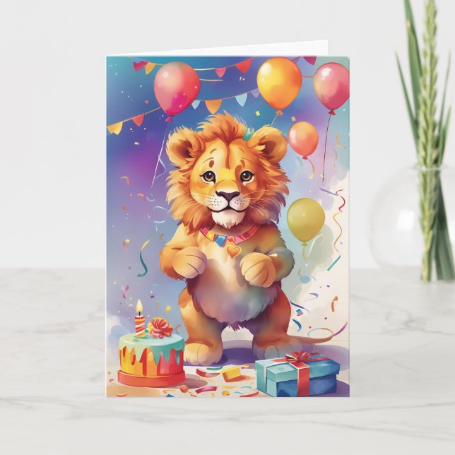Lion Celebrating at Party with Cake Card (Front)