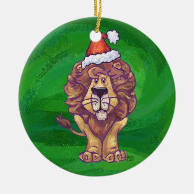 Lion Christmas On Green Ceramic Tree Decoration (Front)