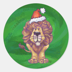 Lion Christmas On Green Classic Round Sticker