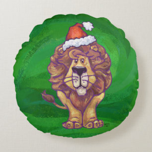 Lion Christmas On Green Round Cushion