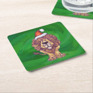 Lion Christmas On Green Square Paper Coaster