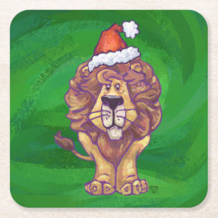 Lion Christmas On Green Square Paper Coaster