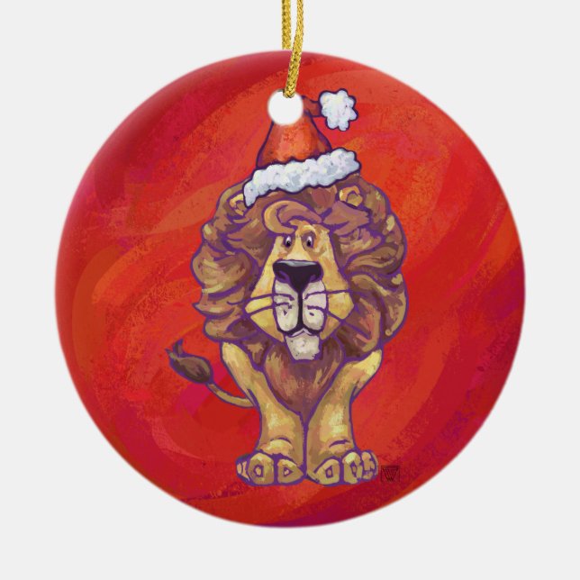 Lion Christmas On Red Ceramic Tree Decoration (Front)