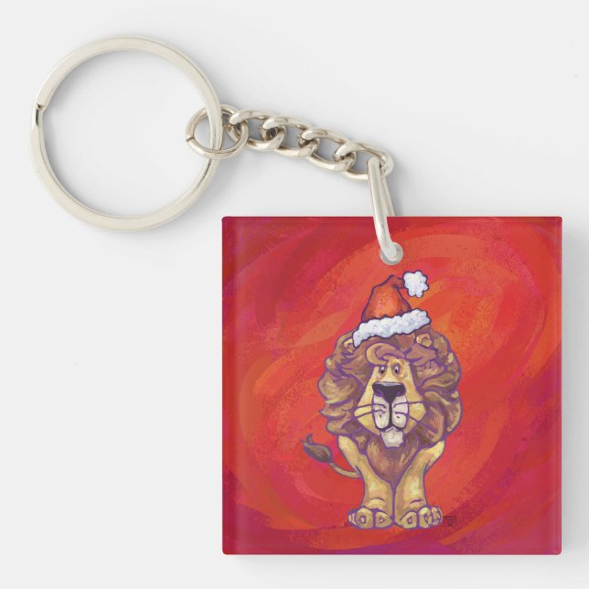 Lion Christmas On Red Key Ring (Front)