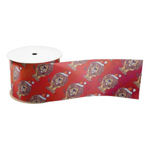 Lion Christmas On Red Satin Ribbon