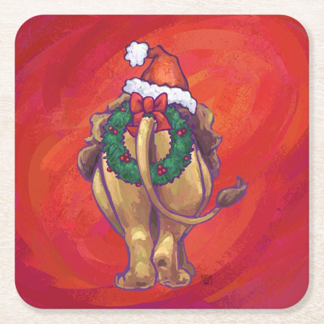 Lion Christmas On Red Square Paper Coaster (Front)