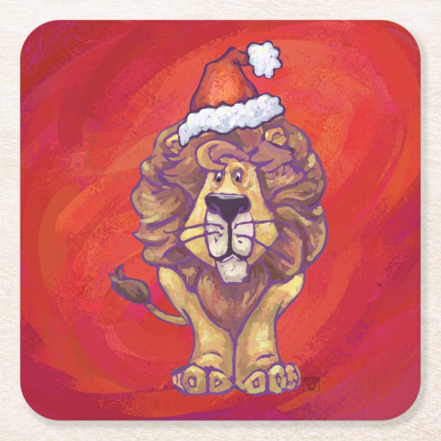 Lion Christmas On Red Square Paper Coaster (Front)