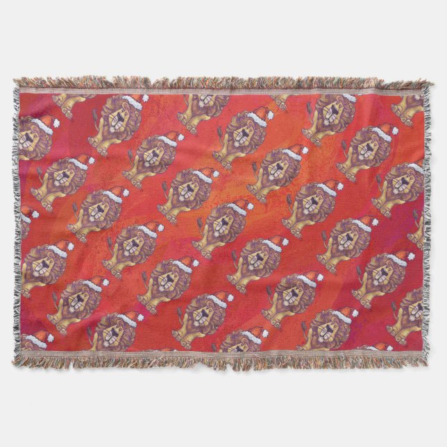 Lion Christmas On Red Throw Blanket (Front)