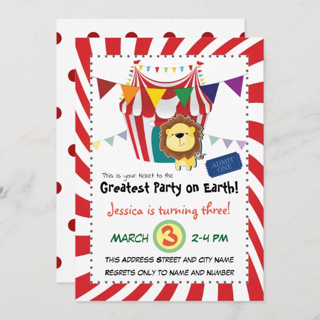 Lion Circus Birthday Party Invitation (Front/Back)