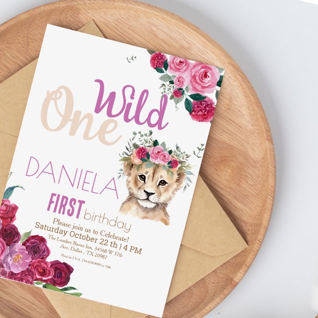 Lion cub Girl Flowers glitter 1st Birthday Party  Invitation (Creator Uploaded)