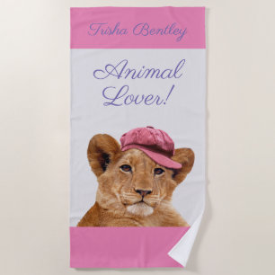 Lion Cub in Hat Personalise Name & Message Beach Towel