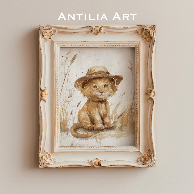 Lion Cub in Hat Whimsical Rustic Art Poster (Creator Uploaded)