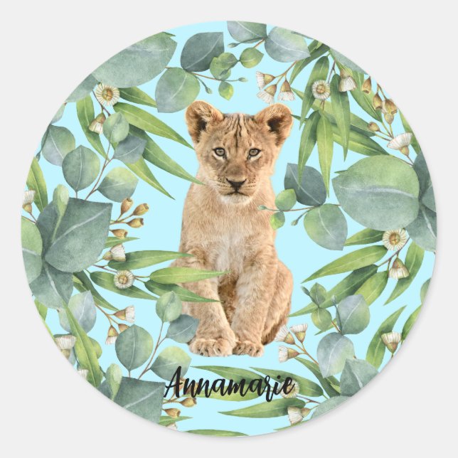 Lion Cub Jungle Green Forest Cute Teal  Classic Round Sticker (Front)