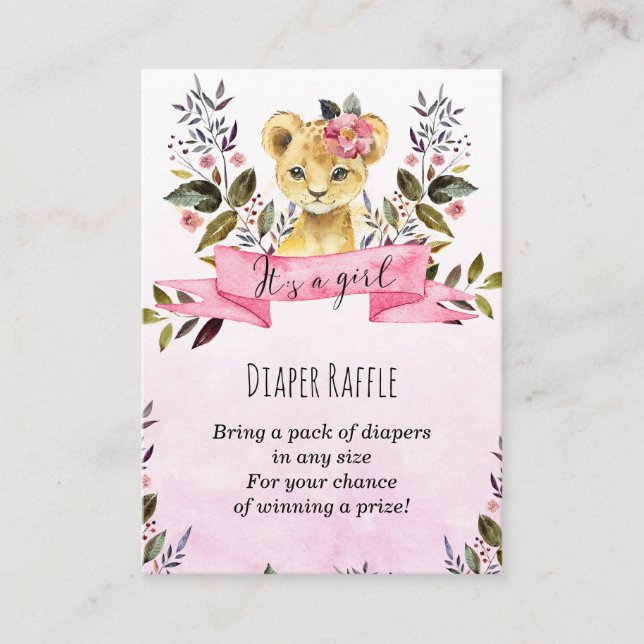 lion cub pink girl Diaper Raffle enclosure card (Front)