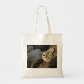 Lion cub stretching tote bag
