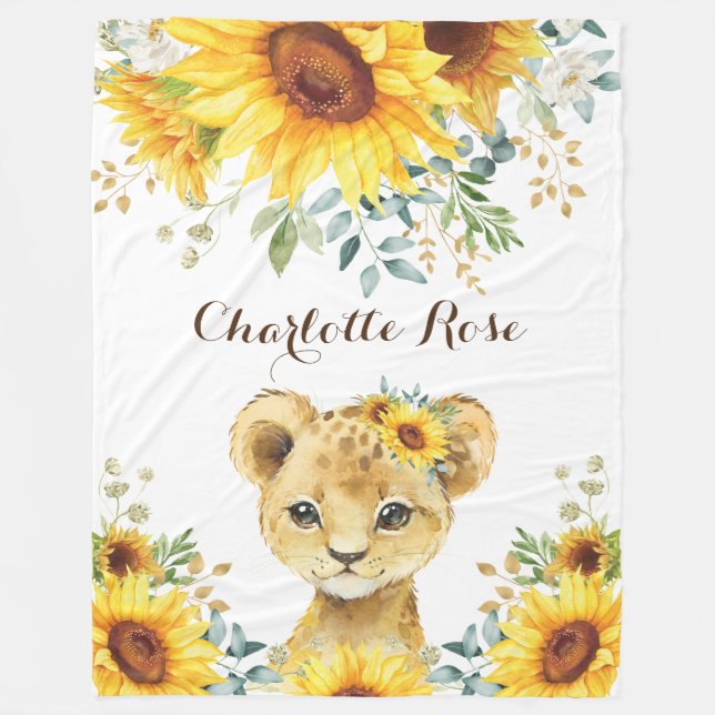 Lion Cub Summer Sunflower Baby Girl Nursery Fleece Blanket (Front)