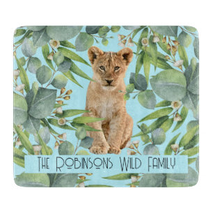 Lion Cub Teal Forest Leafs Pattern Family Cutting Board