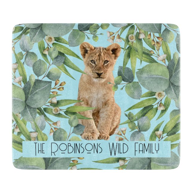 Lion Cub Teal Forest Leafs Pattern Family Cutting Board (Front)