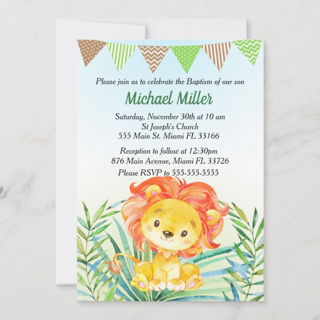 Lion Cub Watercolor Baby Baptism Invitation (Front)