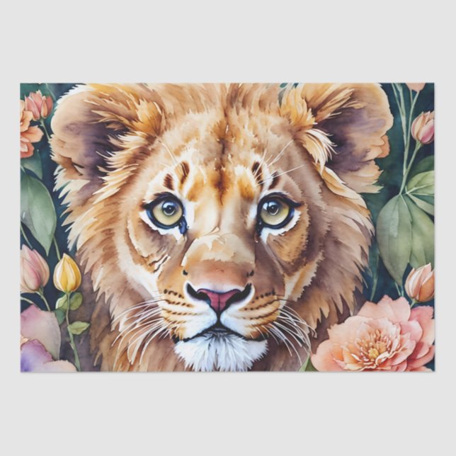 Lion Cub Watercolor Floral  Tissue Paper (Front)