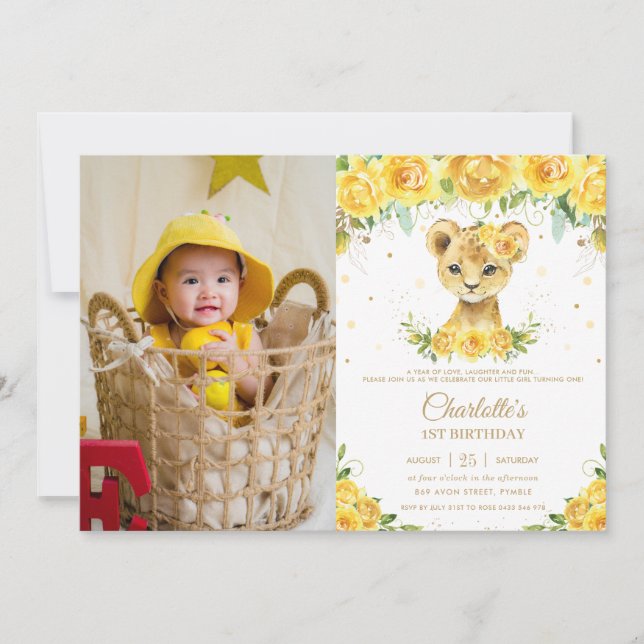Lion Cub Yellow Floral Gold 1st Birthday Photo Invitation (Front)