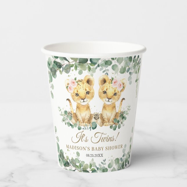 Lion Cubs Greenery Twin Girls Baby Shower  Paper Cups (Back)