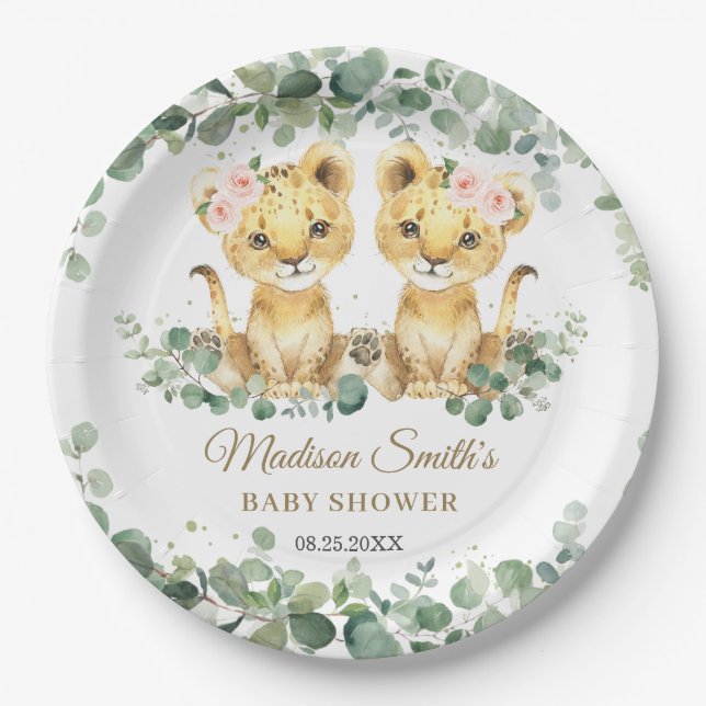 Lion Cubs Greenery Twin Girls Baby Shower  Paper Plate (Front)