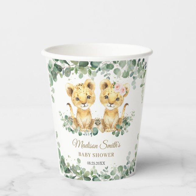 Lion Cubs Greenery Twins Girl Boy Baby Shower  Paper Cups (Front)