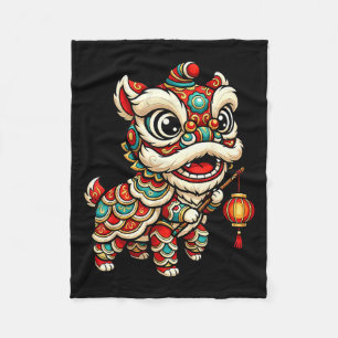 Lion Dance Chinese Fire Horse Illustration Fleece Blanket