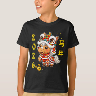 Lion Dance Kawaii Horse Chinese New Year 2026 Matc T-Shirt