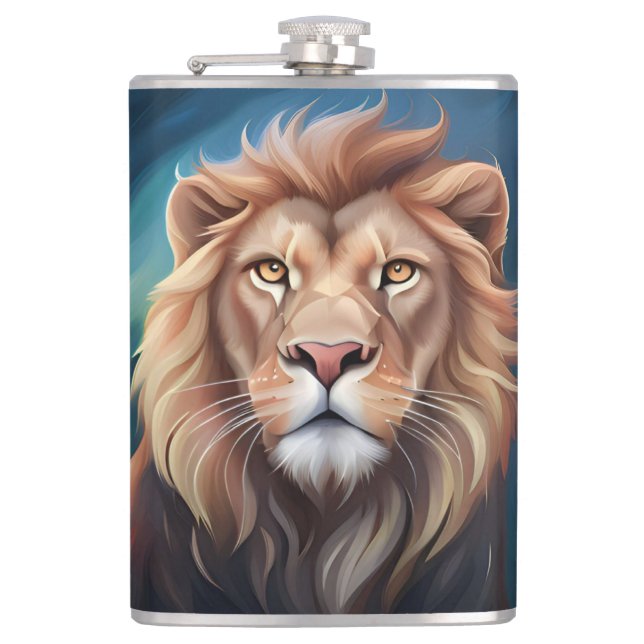 Lion Digital Art Portrait-56556 Hip Flask (Front)