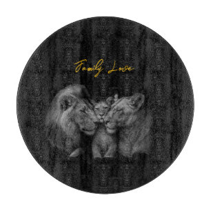Lion Family Love – Black & White Art Cutting Board