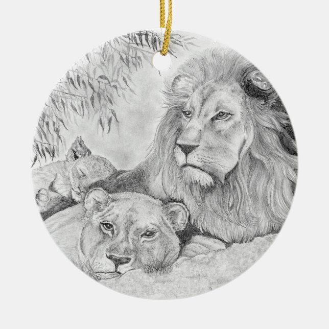 Lion Family Resting Ceramic Tree Decoration (Front)