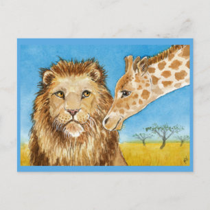 Lion, Giraffe, African animals postcard
