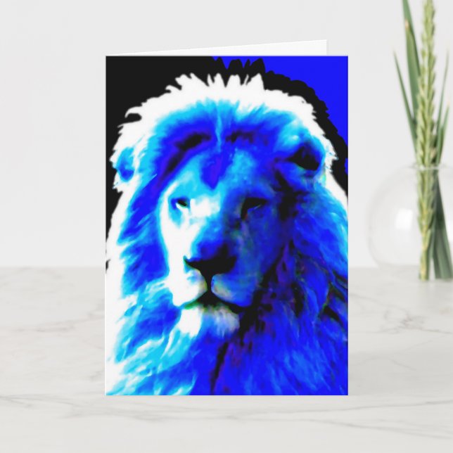 Lion Head Blue 'Happy Birthday' greetings card (Front)