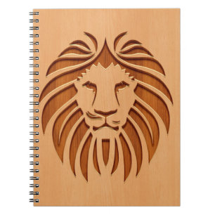 Lion head engraved on wood design spiral notebook