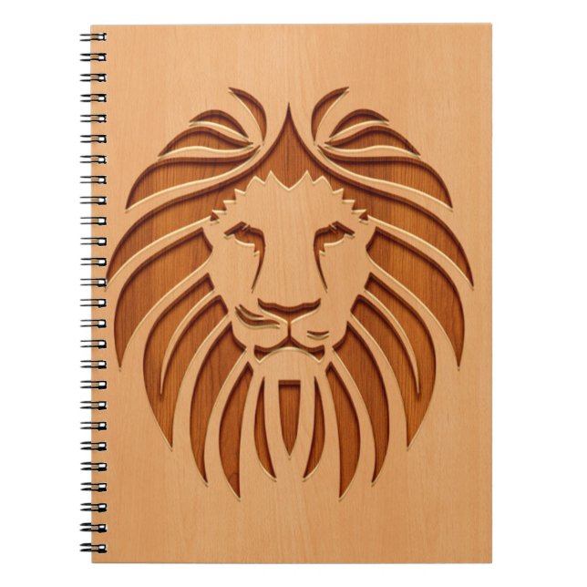 Lion head engraved on wood design spiral notebook (Front)