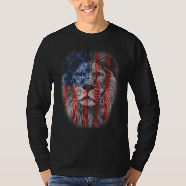 Lion Head Graphic American Patriotic Lion USA Flag T-Shirt (Front)