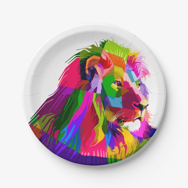 Lion head in geometric pattern paper plate (Front)